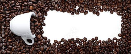 Coffee, cup and empty space among coffee beans