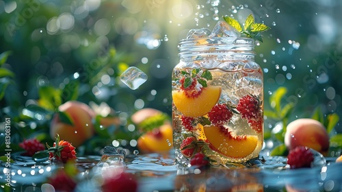  A glass jar of water and fruit sits atop a table, surrounded by fallen leaves and more fruit strewn about