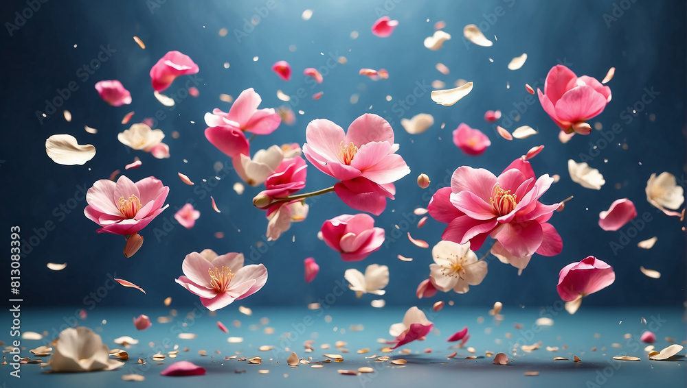 several pink cherry blossoms against a blue background.