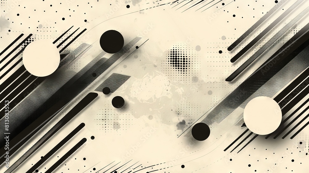 Black and white abstract design featuring circles, lines, and a central ...