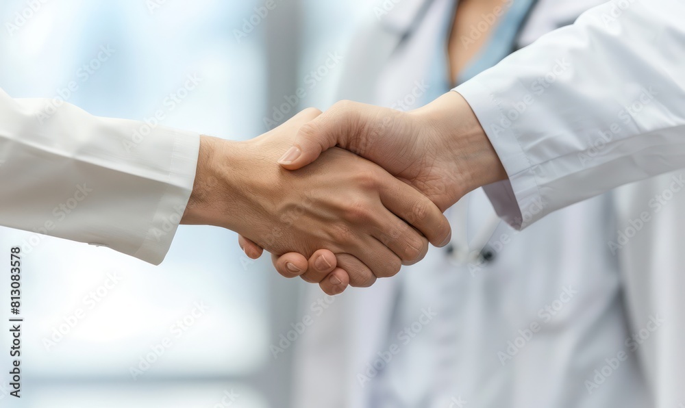 Handshake between doctors and patient, illustrating trust and professional commitment in healthcare settings Handshake between doctors and patient, illustrating trust and professional commitment in healthcare settings