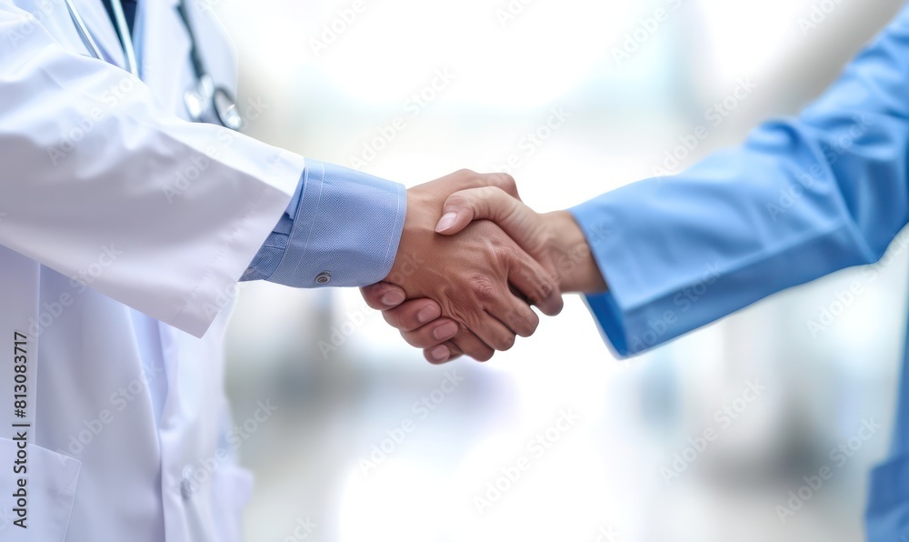 Handshake between doctors and patient, illustrating trust and professional commitment in healthcare settings Handshake between doctors and patient, illustrating trust and professional commitment in healthcare settings