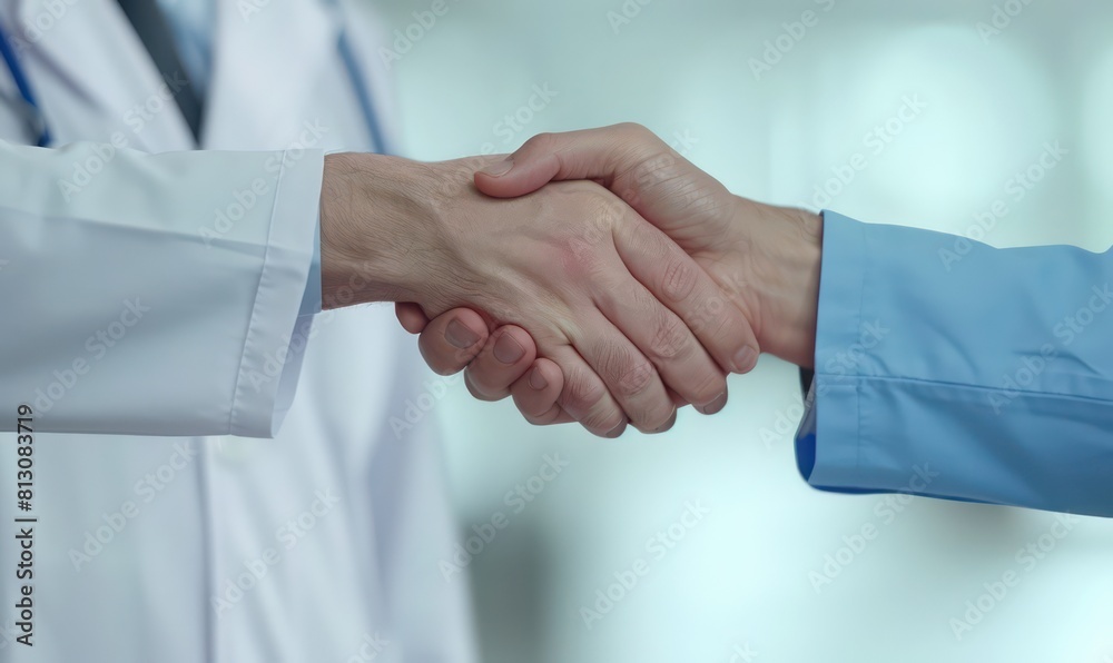 Handshake between doctors and patient, illustrating trust and professional commitment in healthcare settings Handshake between doctors and patient, illustrating trust and professional commitment in healthcare settings