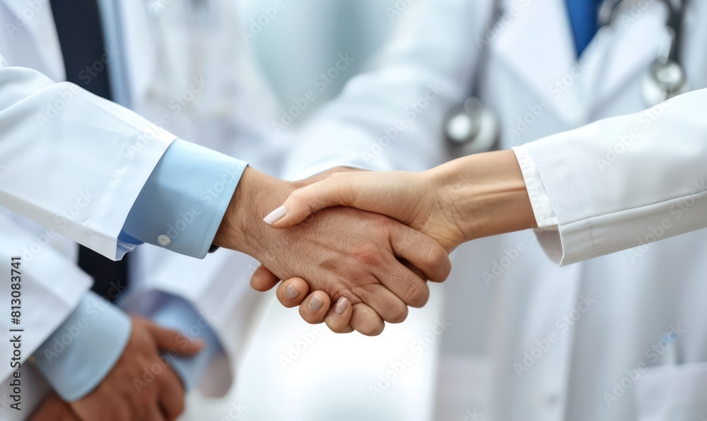Handshake between doctors and patient, illustrating trust and professional commitment in healthcare settings Handshake between doctors and patient, illustrating trust and professional commitment in healthcare settings