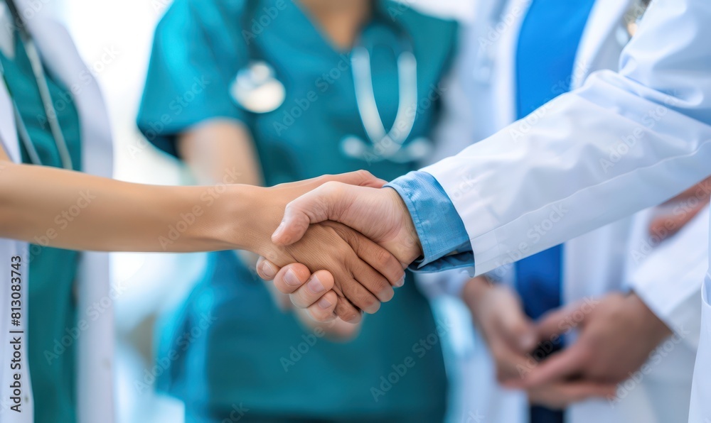 Handshake between doctors and patient, illustrating trust and professional commitment in healthcare settings Handshake between doctors and patient, illustrating trust and professional commitment in healthcare settings