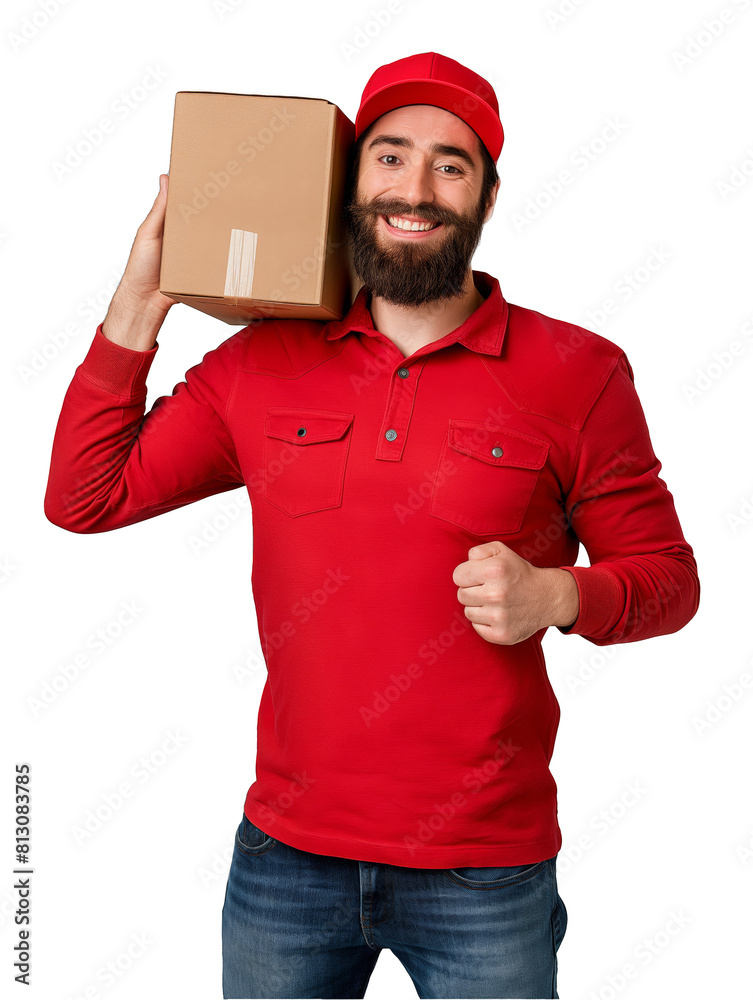 Smiling young male courier carrying a package on his shoulders isolated on a transparent background PNG Smiling young male courier carrying a package on his shoulders isolated on a transparent background PNG