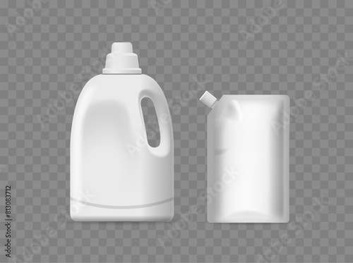 Two Realistic Plastic Detergent Bottles, One Styled As A Traditional Jug And The Other As A Modern Pouch Isolated