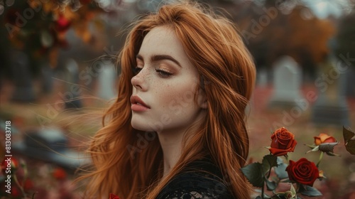 A woman with flowing scarlet hair tenderly holds a single rose, finding solace in its delicate beauty.