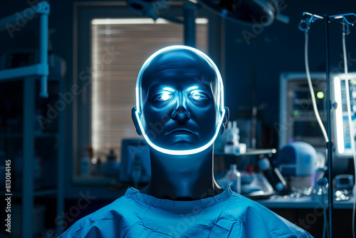 the head of a surgeon is illuminated by focused lighting in the operating room, showcasing advanced medicine technology. Against a dark background, the image conveys the intensity