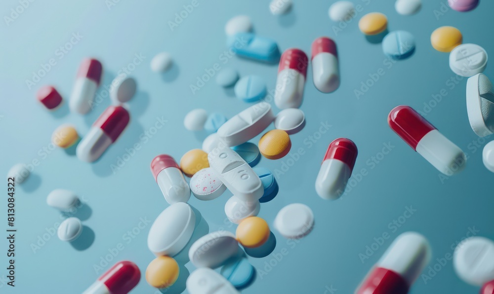 A variety of pills and capsules in different shapes and sizes, illustrating common forms of medication found in pharmacies A variety of pills and capsules in different shapes and sizes, illustrating common forms of medication found in pharmacies