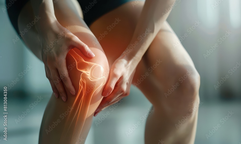 A 3D medical illustration of the human knee joint, showcasing bones and ligaments, highlighting areas prone to pain and injury A 3D medical illustration of the human knee joint, showcasing bones and ligaments, highlighting areas prone to pain and injury