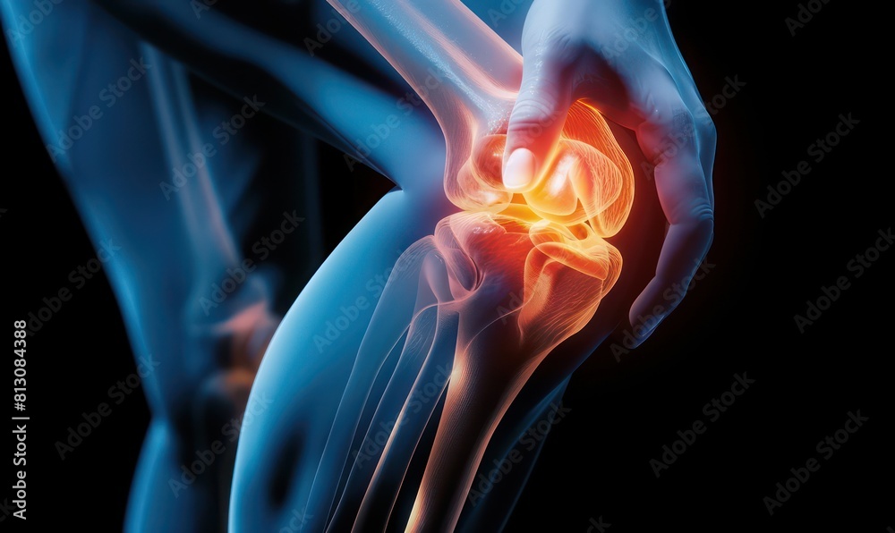 A 3D medical illustration of the human knee joint, showcasing bones and ligaments, highlighting areas prone to pain and injury A 3D medical illustration of the human knee joint, showcasing bones and ligaments, highlighting areas prone to pain and injury