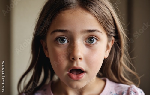 A young girl with brown layered hair and pigtails is making a surprised gesture photo