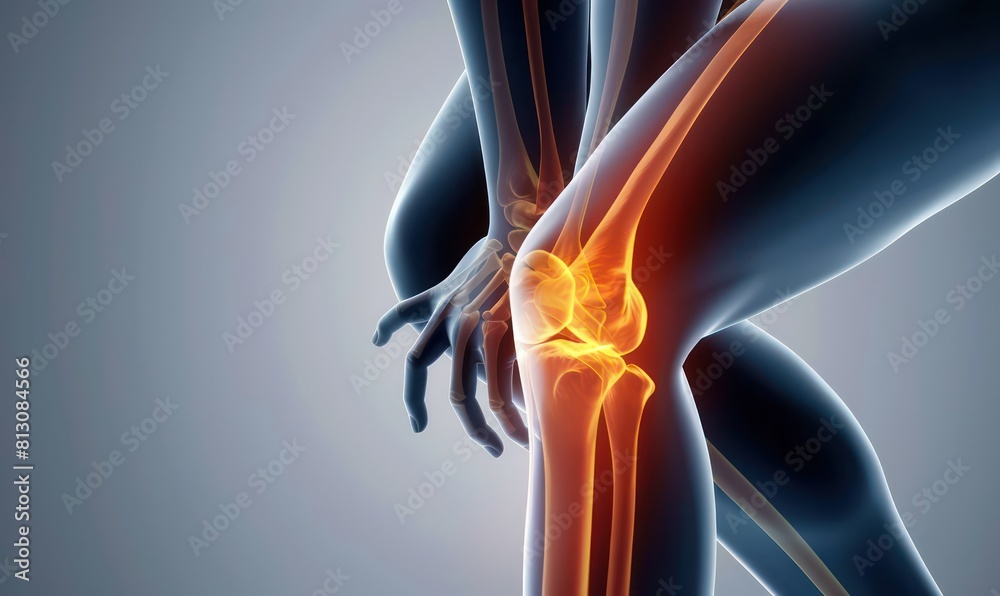 A 3D medical illustration of the human knee joint, showcasing bones and ...