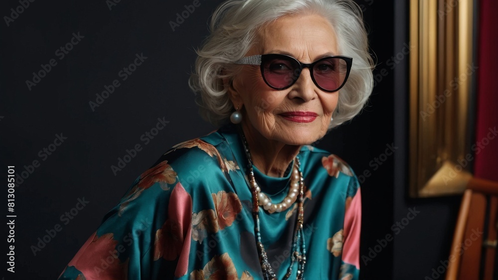 Obraz premium Elderly Caucasian woman in chic attire, radiating joy, against a black backdrop.