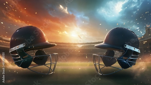 World Cup Cricket Two helmets of opposing teams are shown in a stadium Poster Cricket league poster cricket tournament banner cricket league banner cricket tournament poster cricket match banner photo