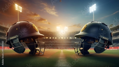 World Cup Cricket Two helmets of opposing teams are shown in a stadium Poster Cricket league poster cricket tournament banner cricket league banner cricket tournament poster cricket match banner photo
