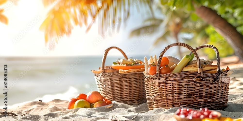 Scenic Beach Picnic with Mouthwatering Delights. Concept Beach Picnic, Scenic Setting, Mouthwatering Delights, Coastal Cuisine, Relaxing Atmosphere