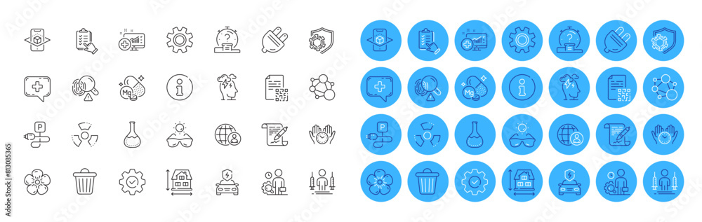 Trash bin, Qr code and Coronavirus injections line icons pack. Execute, Sunglasses, Chemistry lab web icon. Quiz, Integrity, Service pictogram. Safe time, Agreement document, Electric plug. Vector Trash bin, Qr code and Coronavirus injections line icons pack. Execute, Sunglasses, Chemistry lab web icon. Quiz, Integrity, Service pictogram. Safe time, Agreement document, Electric plug. Vector