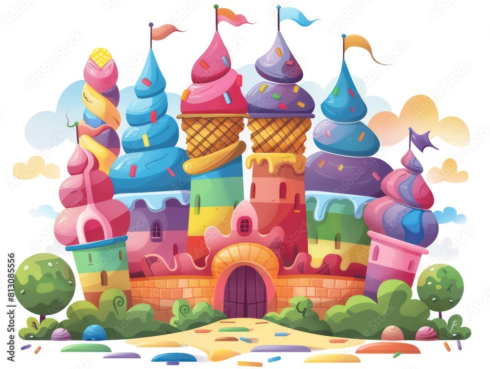 A charming cartoon castle in a winter wonderland, adorned with pink accents and surrounded by glistening snow, perfect for a fairy-tale setting