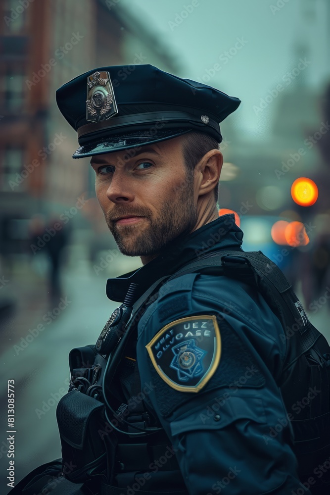 A man in a police uniform stands on a city street, monitoring the surroundings for any signs of trouble or suspicious activity. The officer is ready to intervene and uphold the law if needed A man in a police uniform stands on a city street, monitoring the surroundings for any signs of trouble or suspicious activity. The officer is ready to intervene and uphold the law if needed