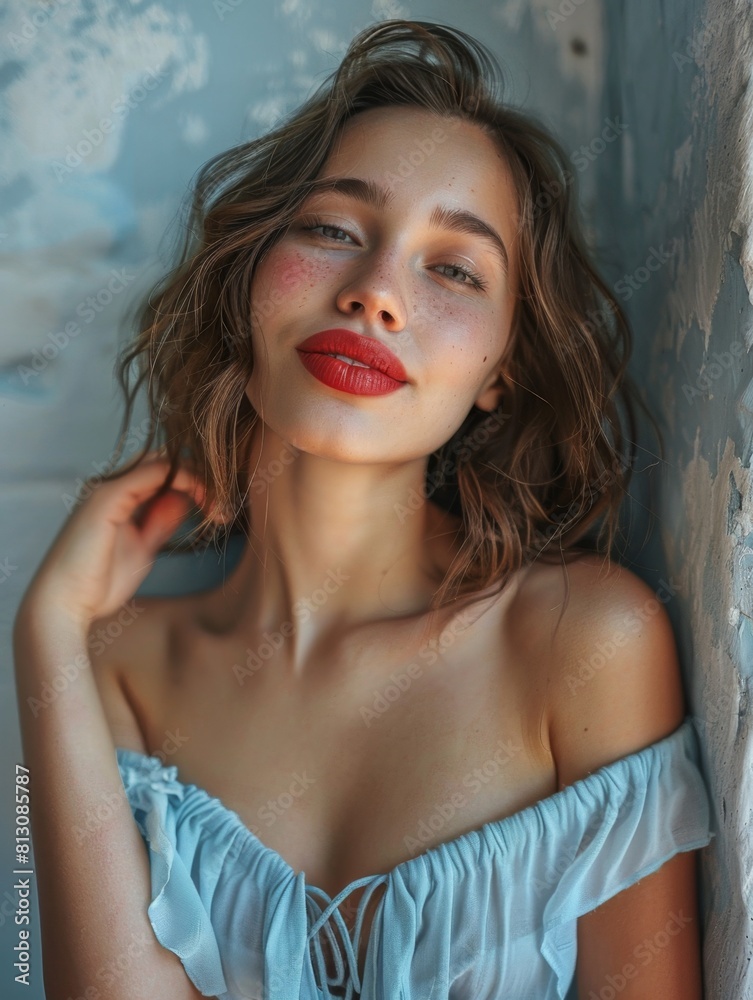 Beautiful Woman With Red Lips Posing Against Wall Beautiful Woman With Red Lips Posing Against Wall