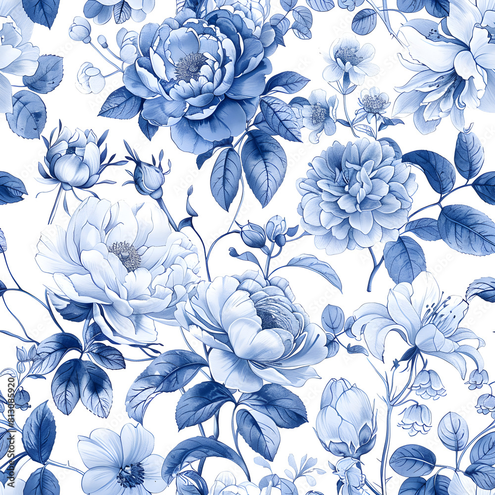 Blue and white ink illustration of flowers, peonies, orchids, leaves, white background. seamless pattern with elegant floral blue against a pure white backdrop. Blue and white ink illustration of flowers, peonies, orchids, leaves, white background. seamless pattern with elegant floral blue against a pure white backdrop.