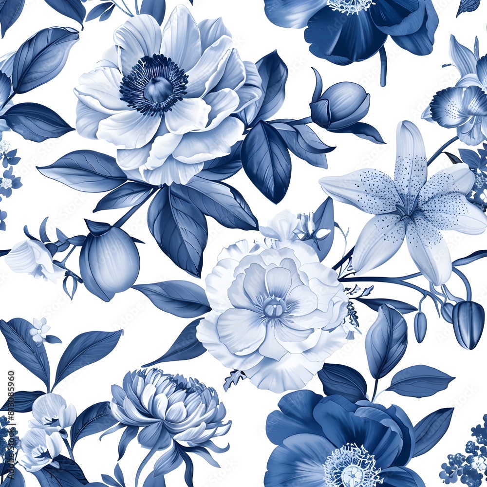 Blue and white ink illustration of flowers, peonies, orchids, leaves, white background. seamless pattern with elegant floral blue against a pure white backdrop. Blue and white ink illustration of flowers, peonies, orchids, leaves, white background. seamless pattern with elegant floral blue against a pure white backdrop.