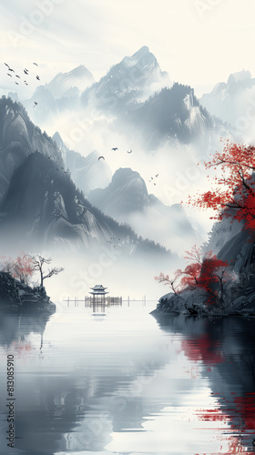 serenity of ink painting with a captivating landscape that embodies the essence of Chinese Zen