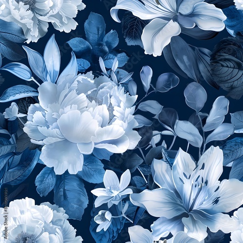 Blue and white ink illustration of flowers, peonies, orchids, leaves, white background. seamless pattern with elegant floral  blue against a pure white backdrop.