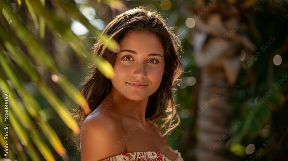 Woman in Floral Dress Standing in Front of Palm Tree Woman in Floral Dress Standing in Front of Palm Tree