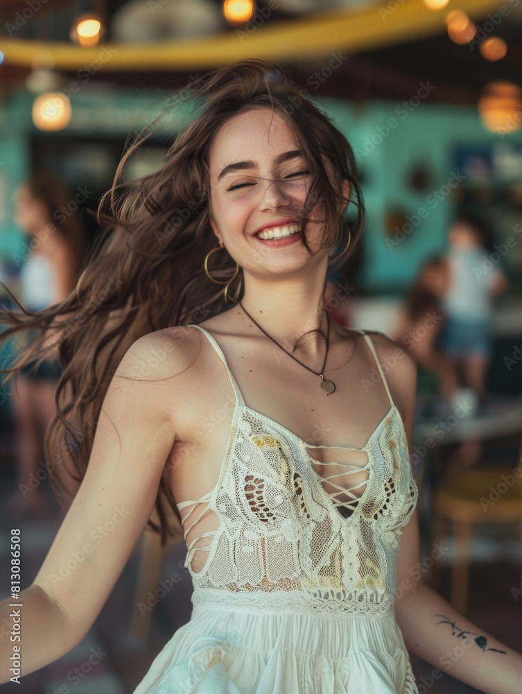 Girl in White Dress Dancing in Restaurant Girl in White Dress Dancing in Restaurant
