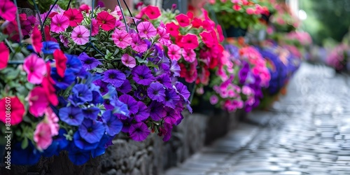 Vibrant petunias in hanging baskets lining a cobblestone alleyway. Concept Flower Trellis  Urban Gardening  Cobblestone Path  Hanging Basket Beauties  Vibrant Petunias