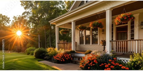 Craftsman Suburban Home with Porch Flower Baskets and Morning Sunlight. Concept Suburban Home  Porch Decor  Flower Baskets  Morning Sunlight  Craftsman Style