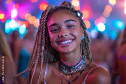 A woman with dreadlocks smiles directly at the camera, exuding confidence and happiness.