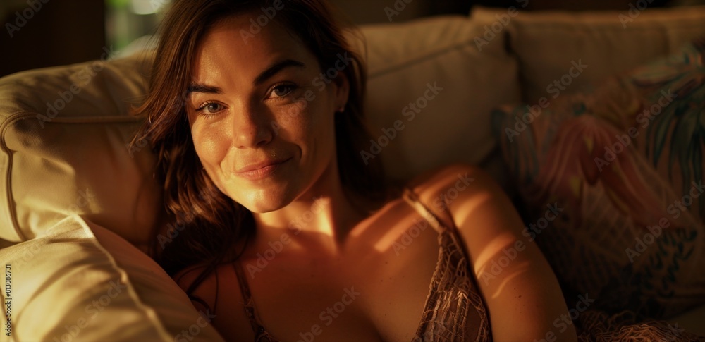 Woman Relaxing on Couch With Eyes Closed Woman Relaxing on Couch With Eyes Closed