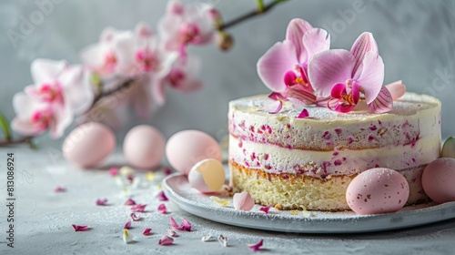 Elegant Cake Decorated with Orchids and Eggs on Table 