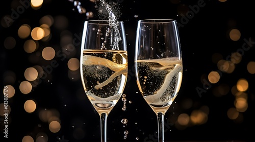 A close-up of champagne glasses filled with bubbling liquid, ready to be raised in a toast to the New Year. 8k