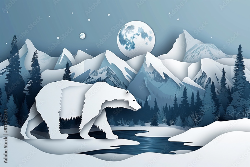 Φωτογραφία This paper cutout illustration beautifully shows a polar bear traversing a snowy Churchill landscape with mountains reflected in a serene lake