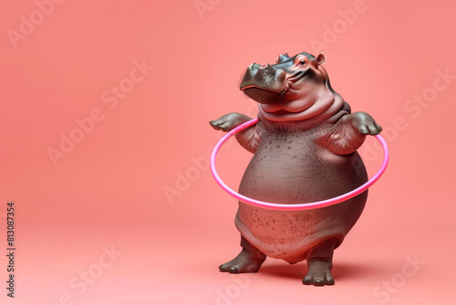 Hippo exercise with hula hoop. Ai generative art