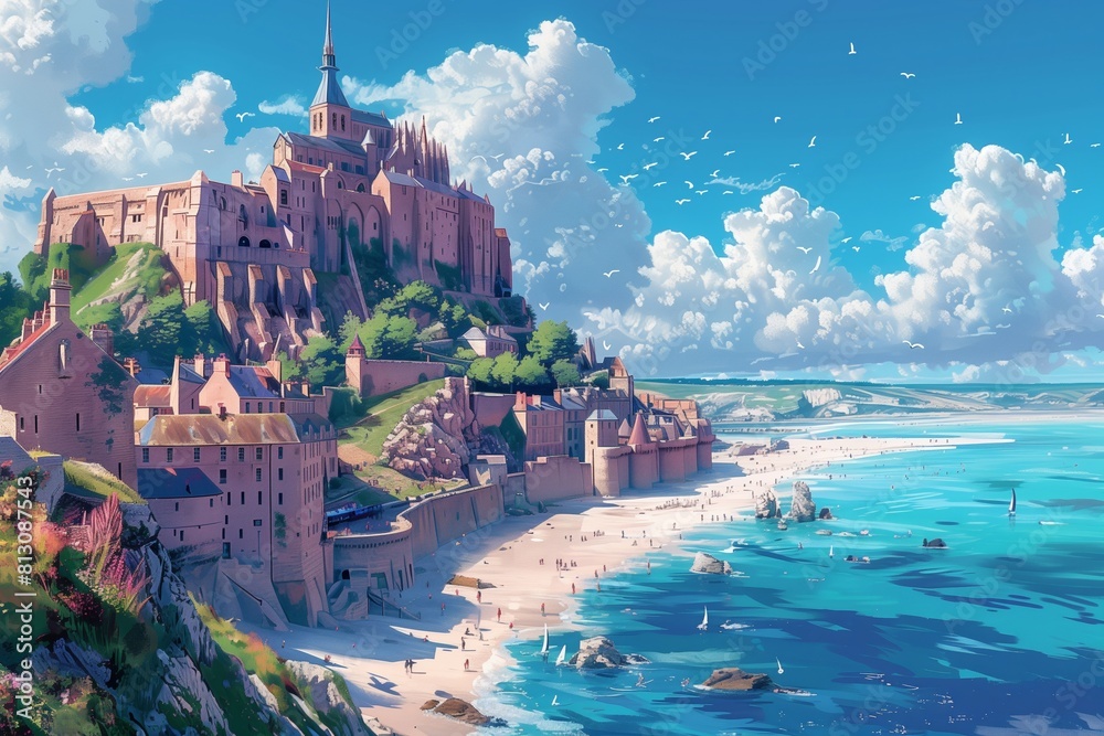 Φωτογραφία The historic Mont Saint-Michel towers over the beach in a striking AI Generated vector illustration of this French icon