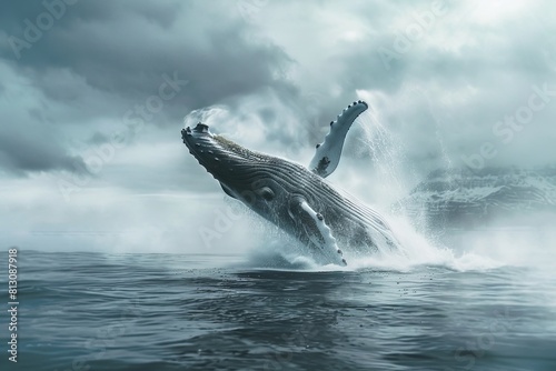 A humpback whale jumps high out of the water, showcasing its immense size and power as it breaches with grace and agility