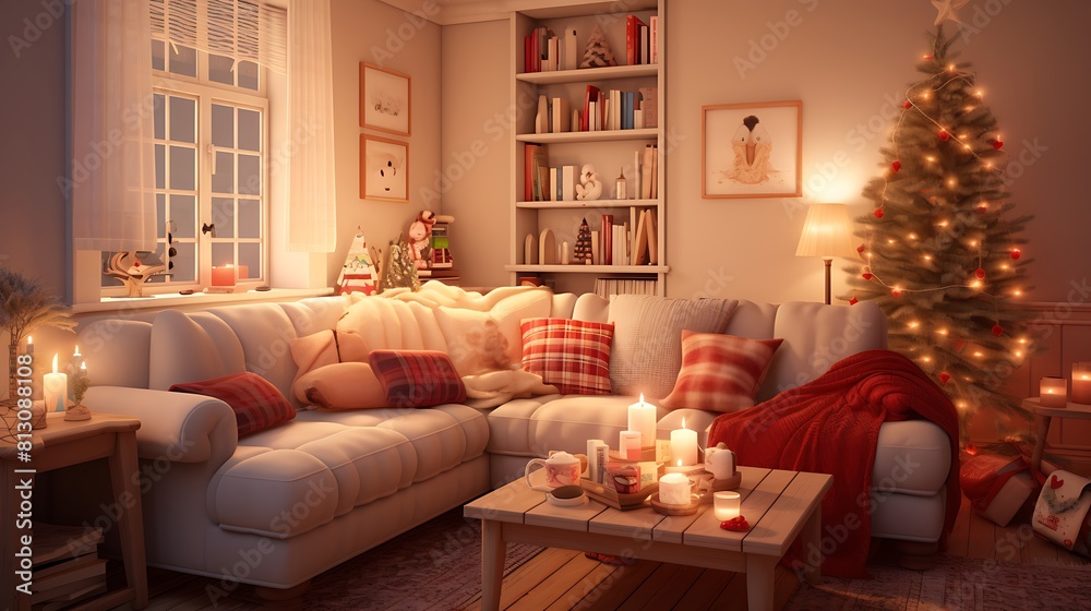 A cozy living room decorated with festive lights and ornaments, ready for a New Year's Eve gathering with loved ones. 8k