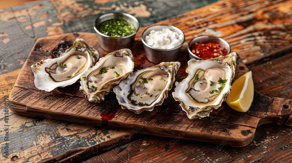 Delicious oysters on a wooden kitchen board Delicious oysters on a wooden kitchen board
