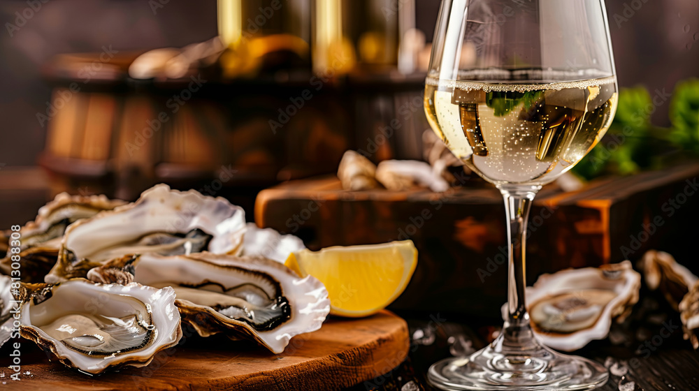 Glass of wine and oysters in a restaurant Glass of wine and oysters in a restaurant