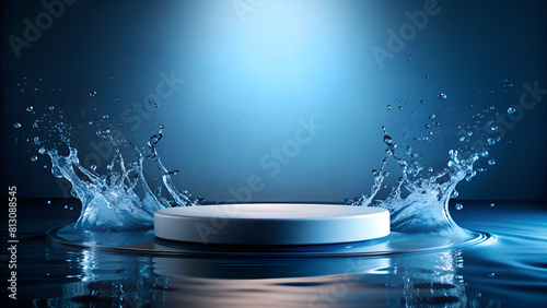 Small empty podium or platform on a pedestal, or cosmetic stage for product presentation, splashes of water, studio lighting. Background with dark blue shades.