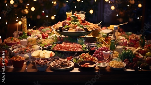 A festive New Year's Eve buffet table laden with a delicious spread of appetizers, finger foods, and hors d'oeuvres. 8k