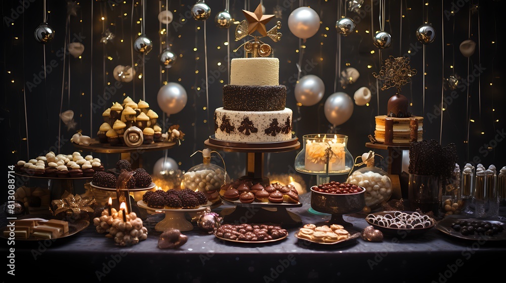 A festive New Year's Eve dessert table filled with decadent treats, including cakes, cookies, and chocolates, for guests to indulge in. 8k