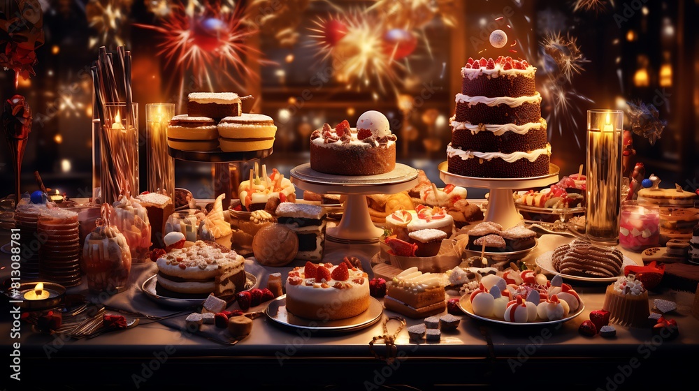 A festive New Year's Eve dessert buffet filled with cakes, pastries, and sweets to indulge in before the countdown. 8k
