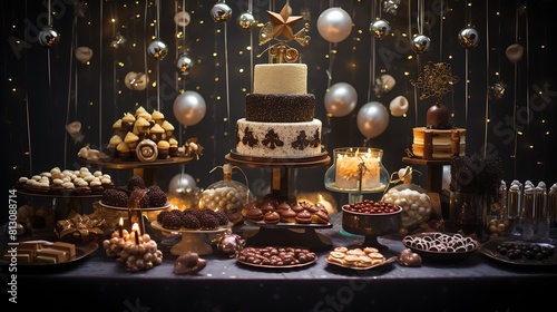 A festive New Year s Eve dessert table filled with decadent treats  including cakes  cookies  and chocolates  for guests to indulge in. 8k